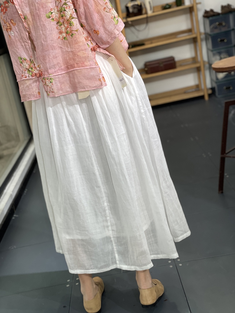 Cotton flax Japanese style big skirt high waist double skirt