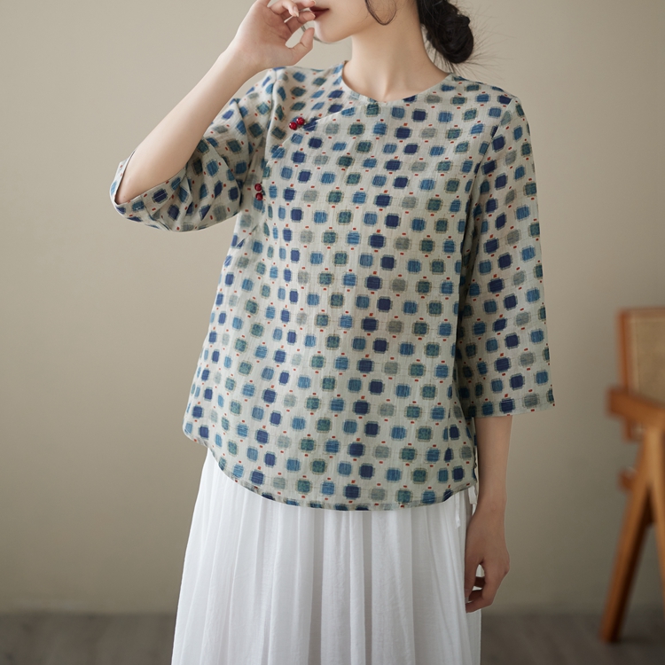 Cotton linen pullover small shirt printing tops