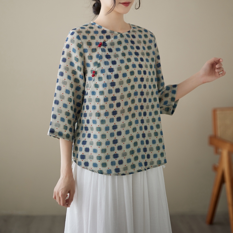 Cotton linen pullover small shirt printing tops