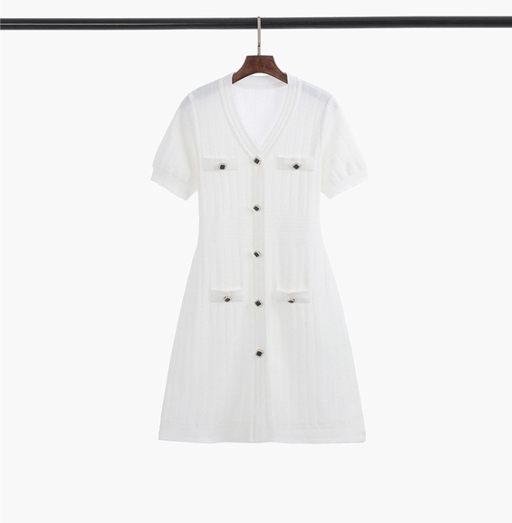 White summer knitted high waist short sleeve dress for women