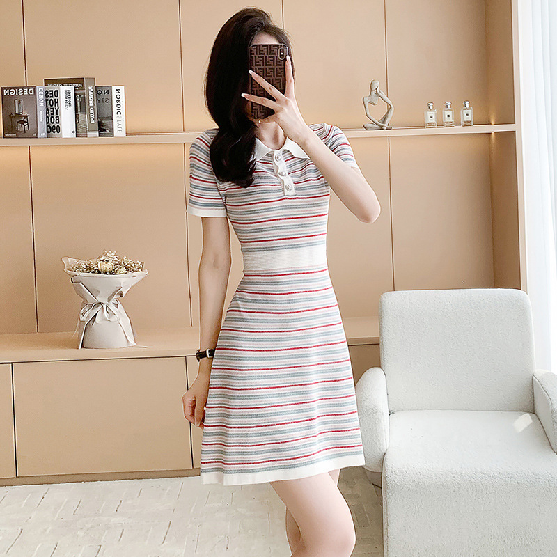 Stripe summer mixed colors fashion and elegant knitted dress