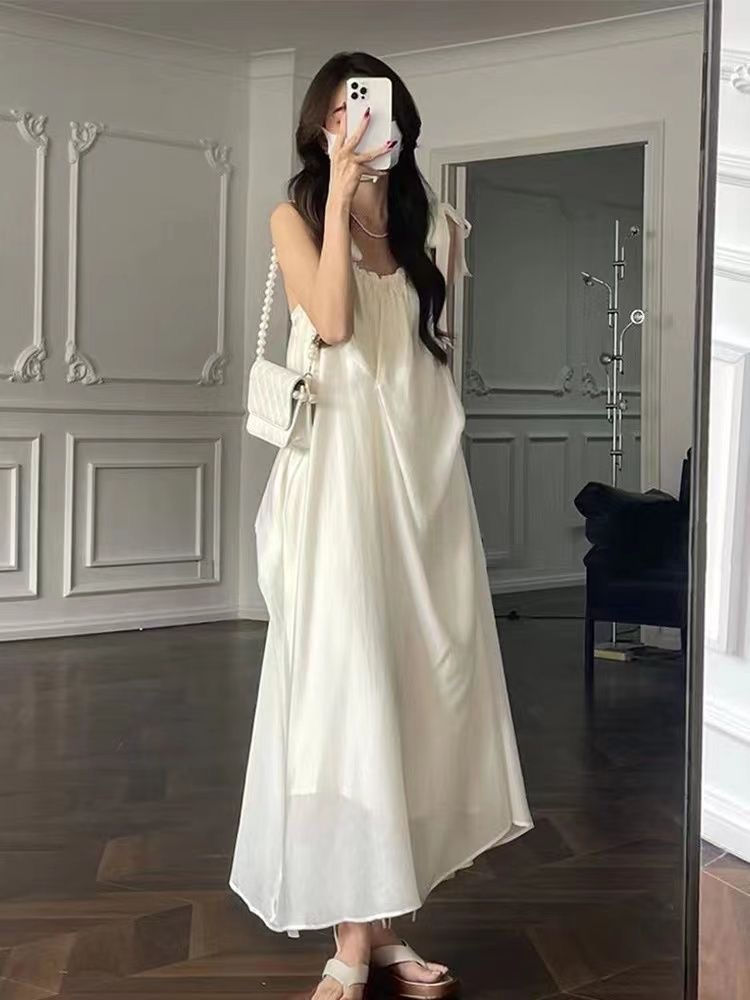 Seaside France style dress white sling long dress