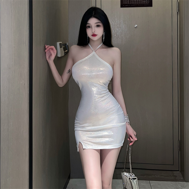 Package hip glossy T-back antique silver dress for women