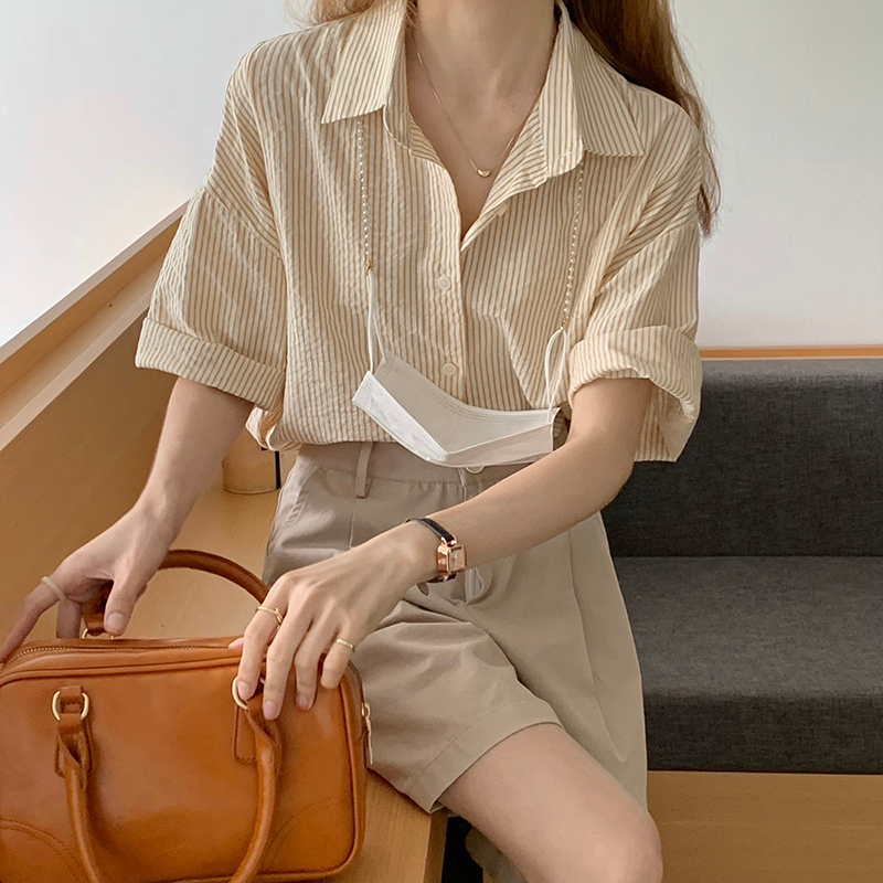 Unique stripe tops short sleeve summer shirt for women