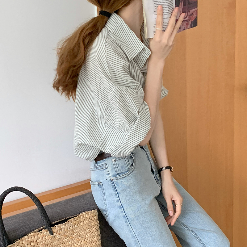 Unique stripe tops short sleeve summer shirt for women