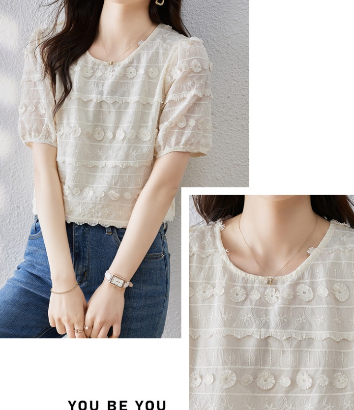 Embroidered all-match tops round neck shirt for women