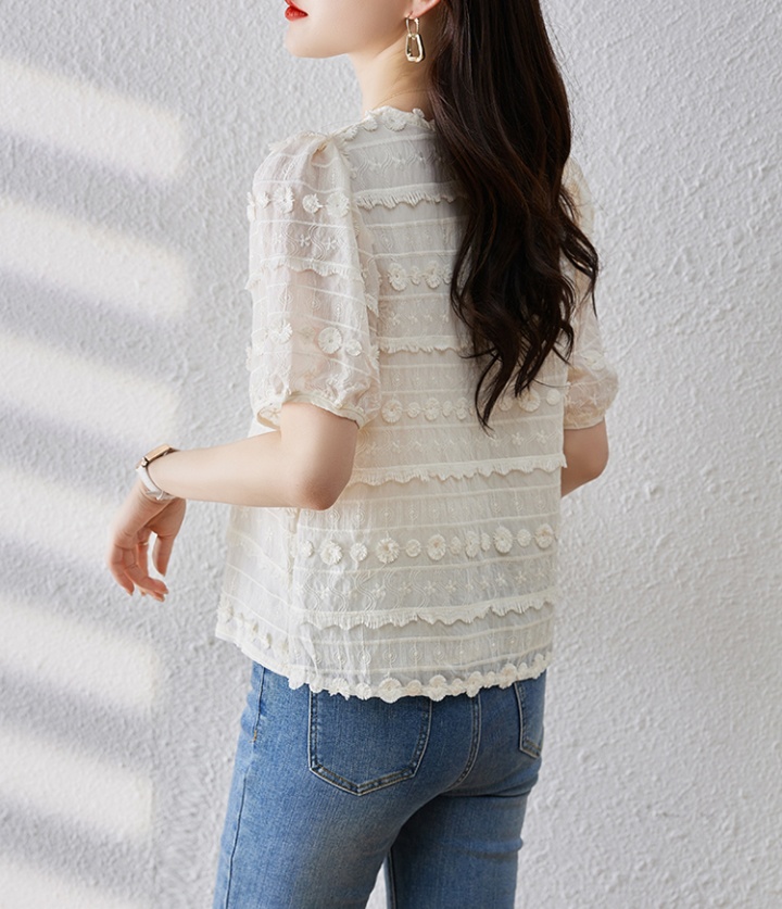 Embroidered all-match tops round neck shirt for women