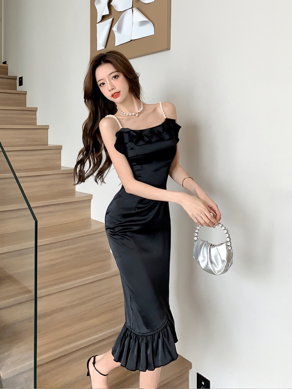 Wrapped chest wood ear formal dress sling slim dress