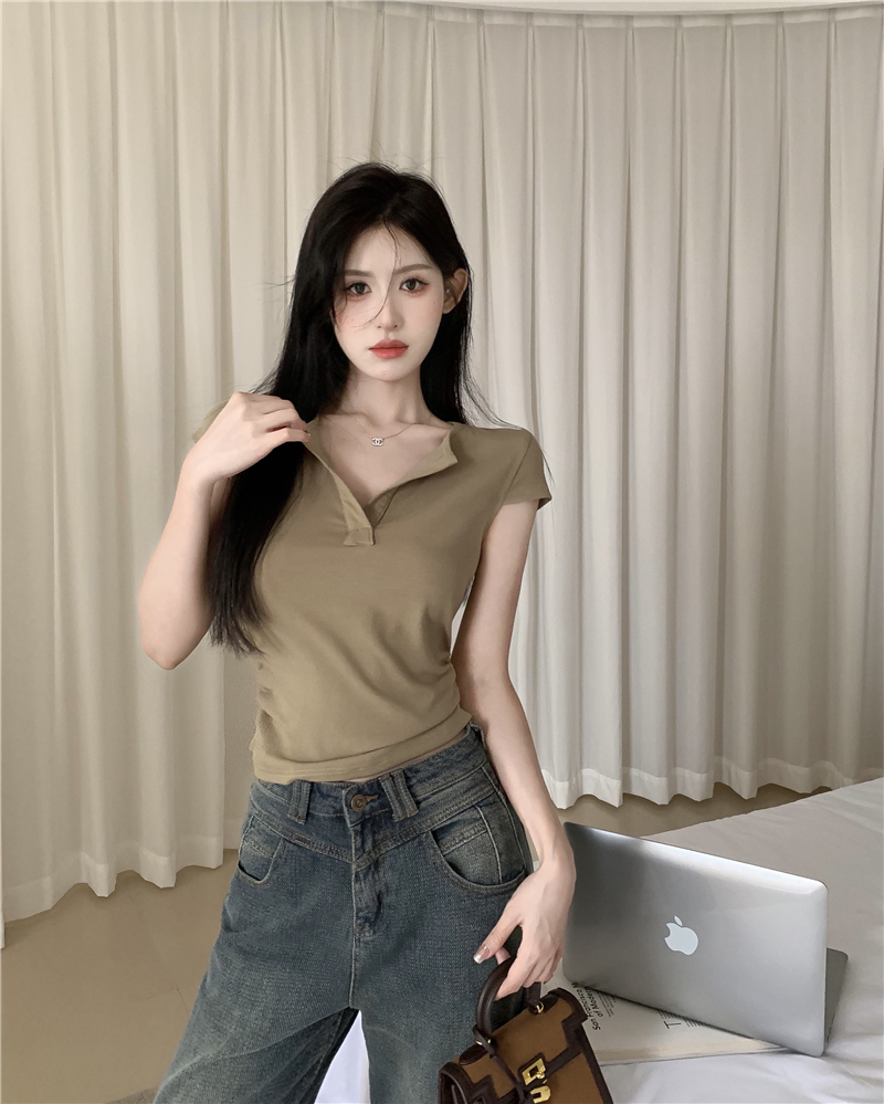 Casual cozy short sleeve tops knitted cotton T-shirt