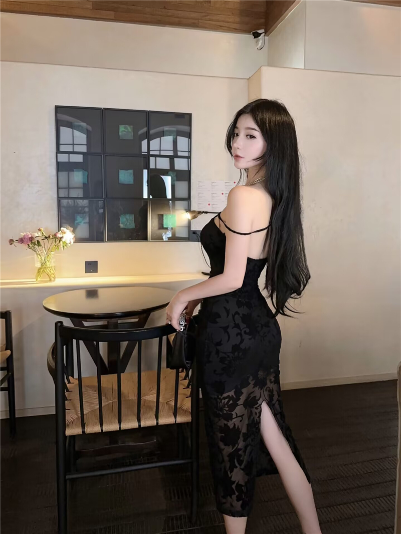 Hollow sexy long jacquard pinched waist split dress for women
