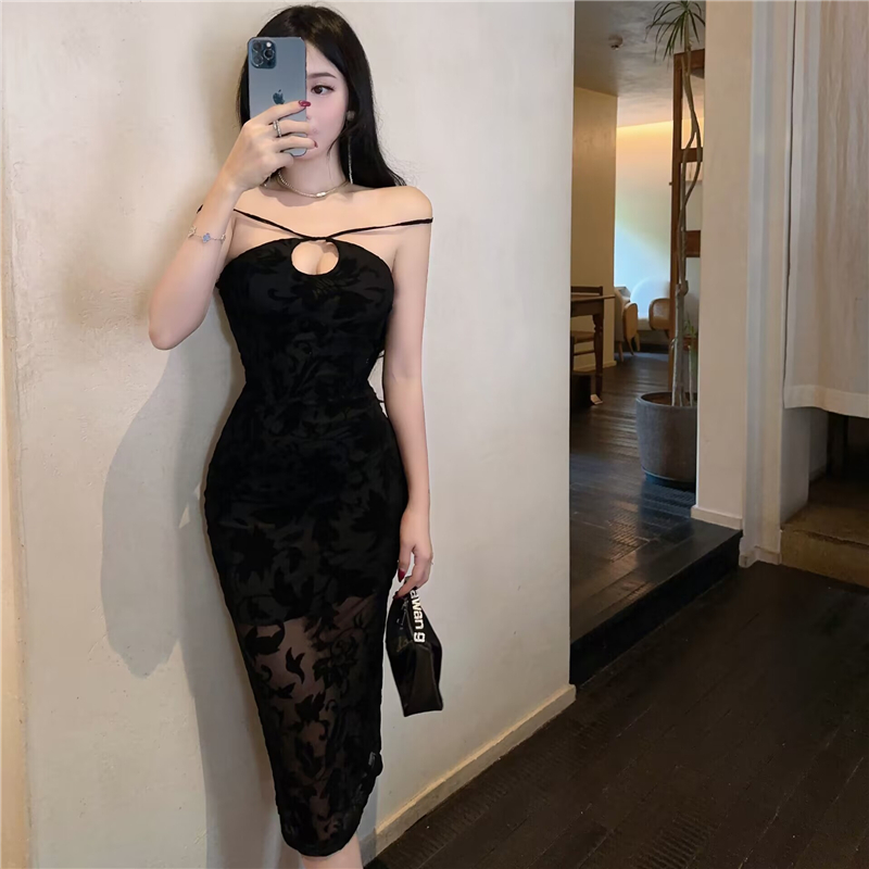Hollow sexy long jacquard pinched waist split dress for women