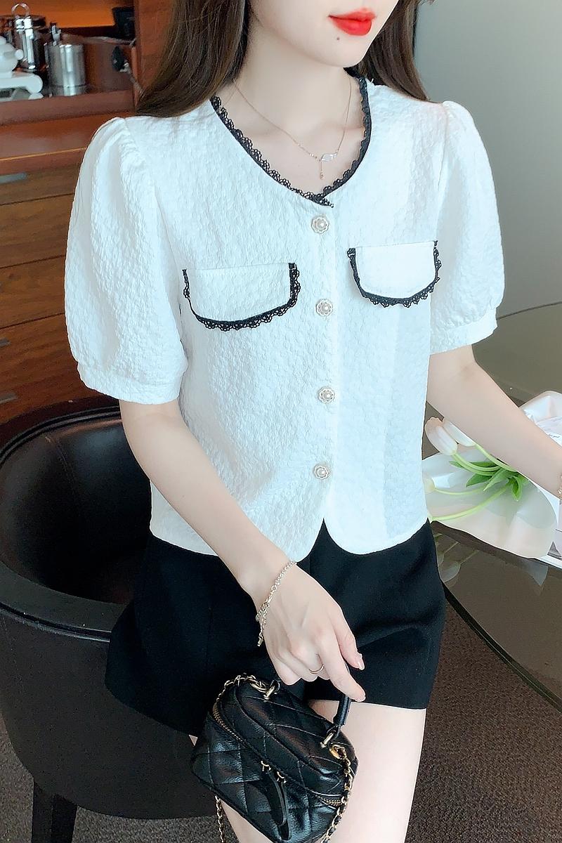 V-neck chiffon loose Korean style beading buckle shirt for women