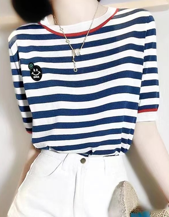 Stripe round neck tops commuting T-shirt for women