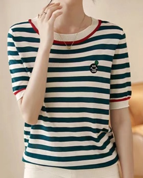 Stripe round neck tops commuting T-shirt for women