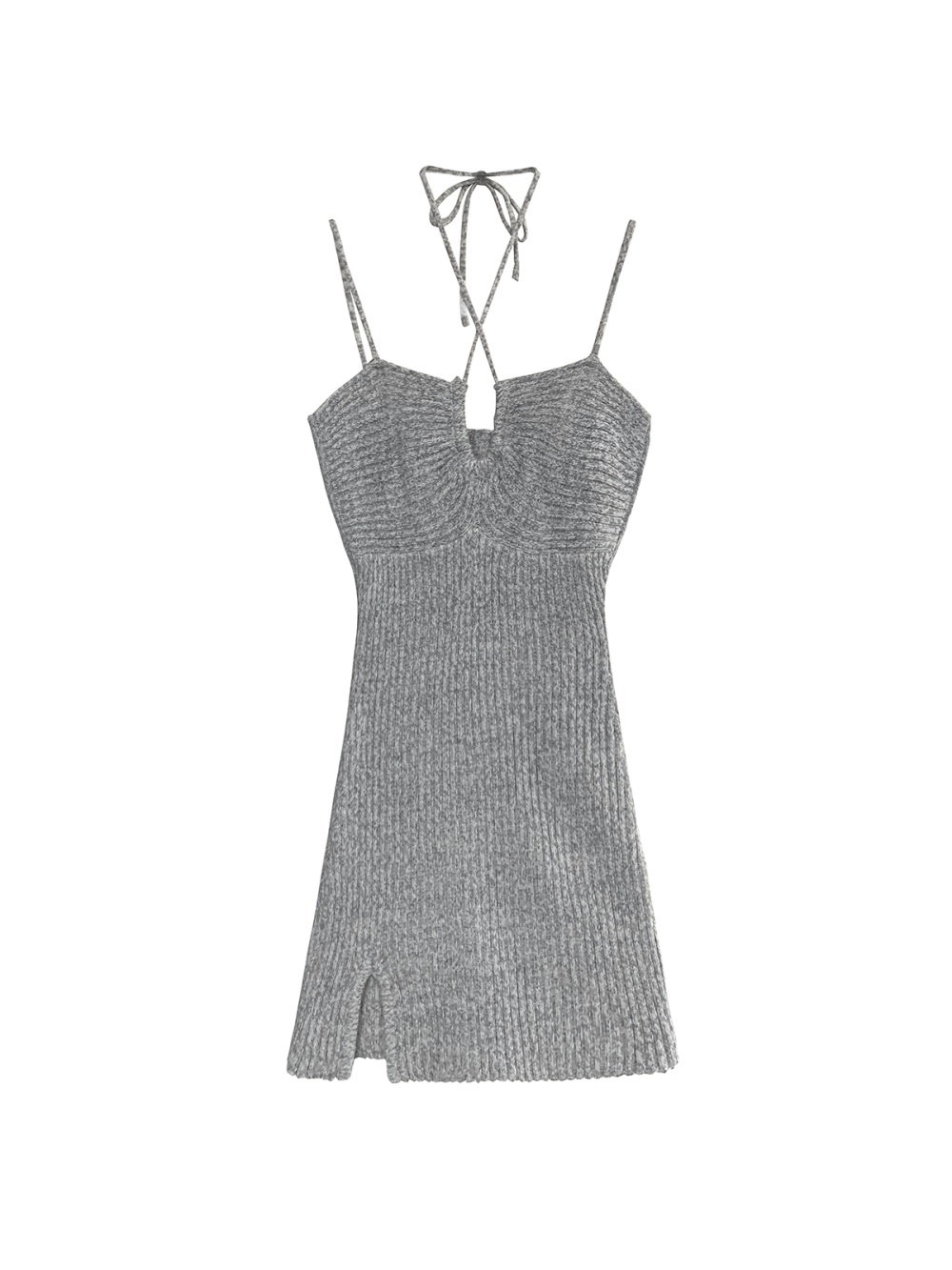 Slim drawstring knitted dress gray split strap dress