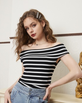 Pocket short sleeve sweater strapless stripe tops for women
