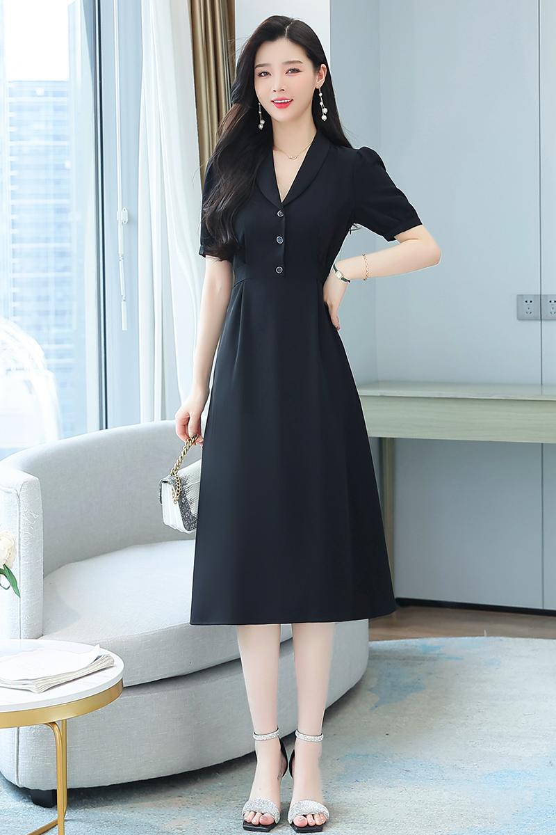 Black V-neck long dress spring pinched waist dress for women