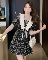 France style black navy collar floral dress for women