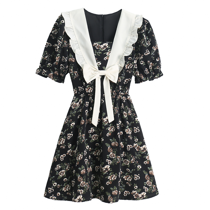 France style black navy collar floral dress for women