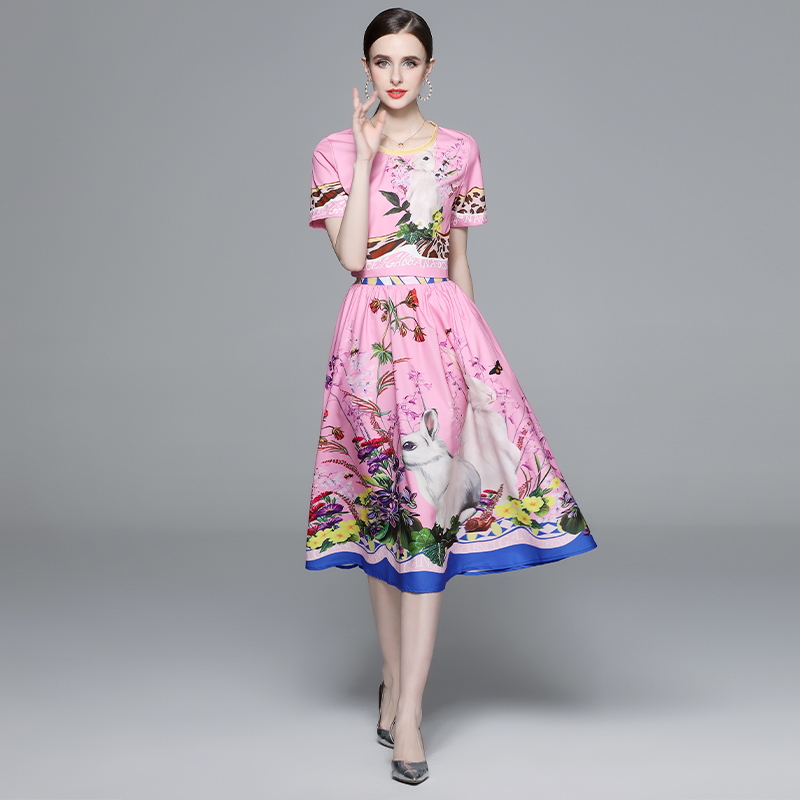 Summer lady colors long dress short sleeve printing skirt 2pcs set