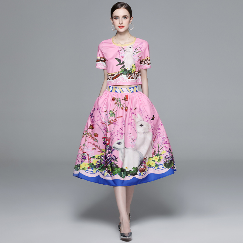 Summer lady colors long dress short sleeve printing skirt 2pcs set