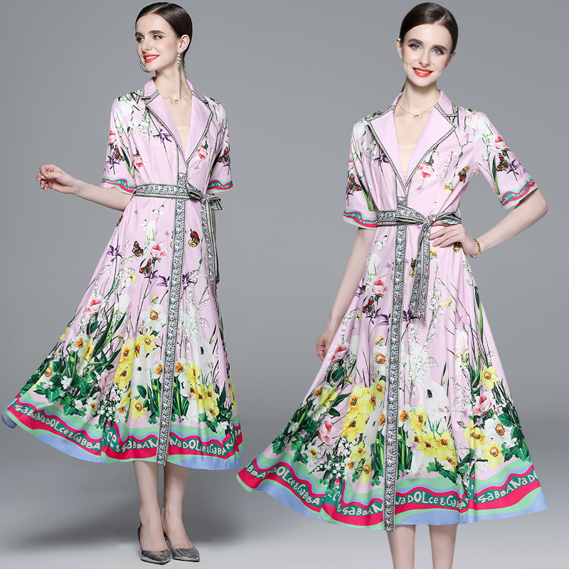 Lady colors multi buckles dress printing summer long dress