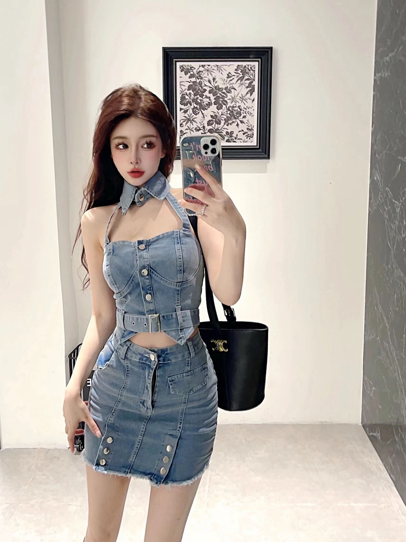 Package hip denim skirt halter short tops 2pcs set