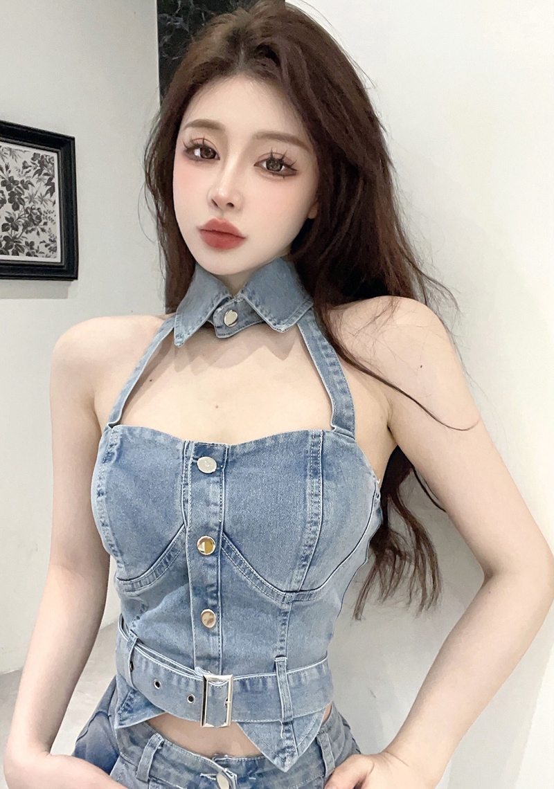 Package hip denim skirt halter short tops 2pcs set