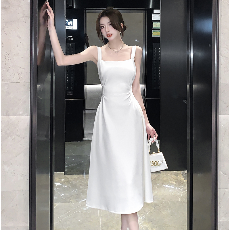 Sling pinched waist long dress white dress for women