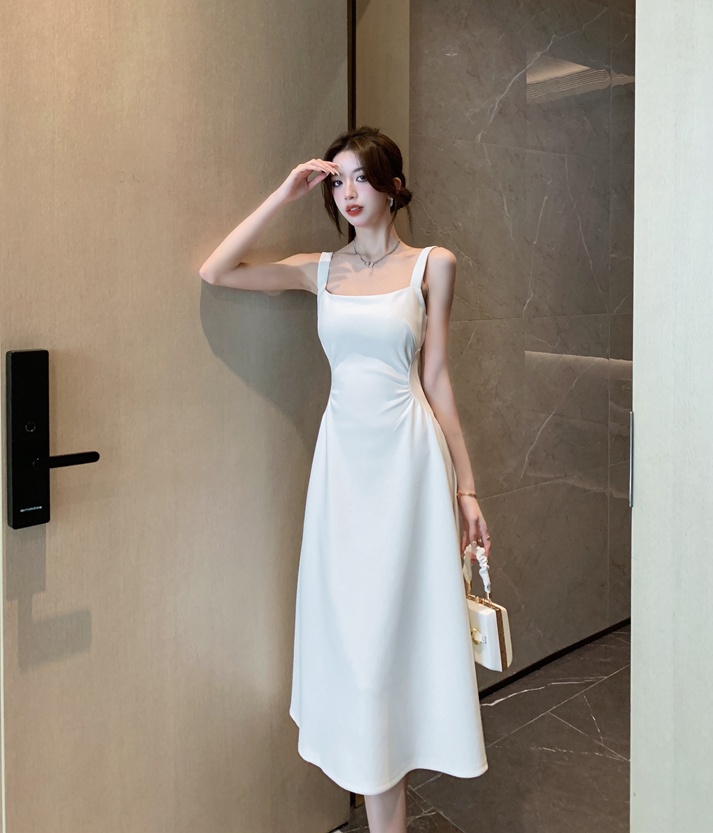 Sling pinched waist long dress white dress for women