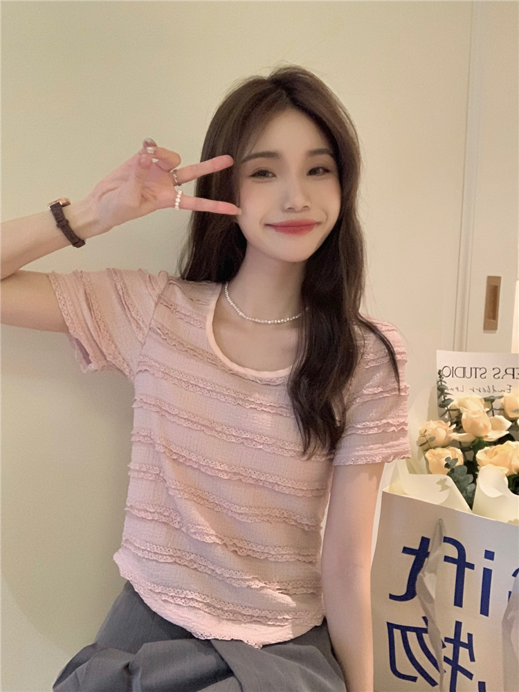 Lace all-match T-shirt square collar tops for women