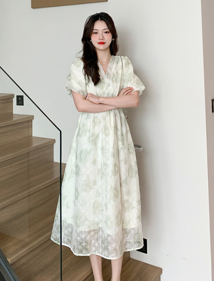 Embroidery V-neck France style puff sleeve long dress