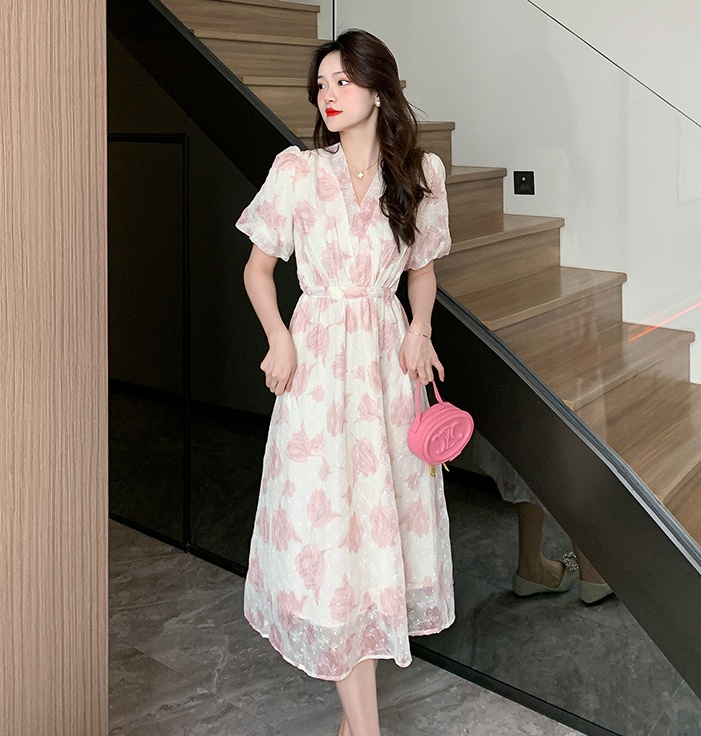 Embroidery V-neck France style puff sleeve long dress
