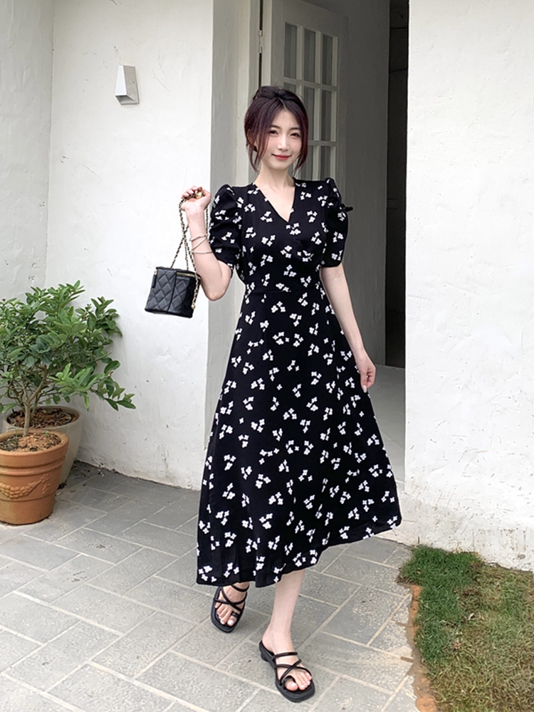 Floral fat slim black long large yard dress for women