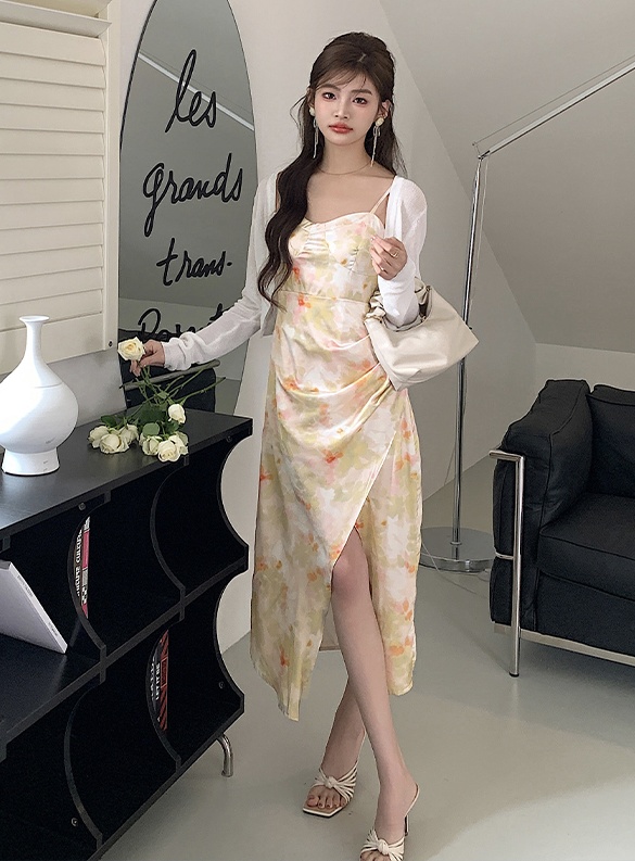 Chouzhe strap dress romantic sweater 2pcs set