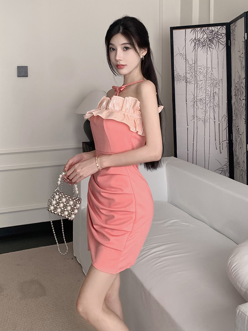 Wrapped chest lotus leaf edges flat shoulder fold bow dress