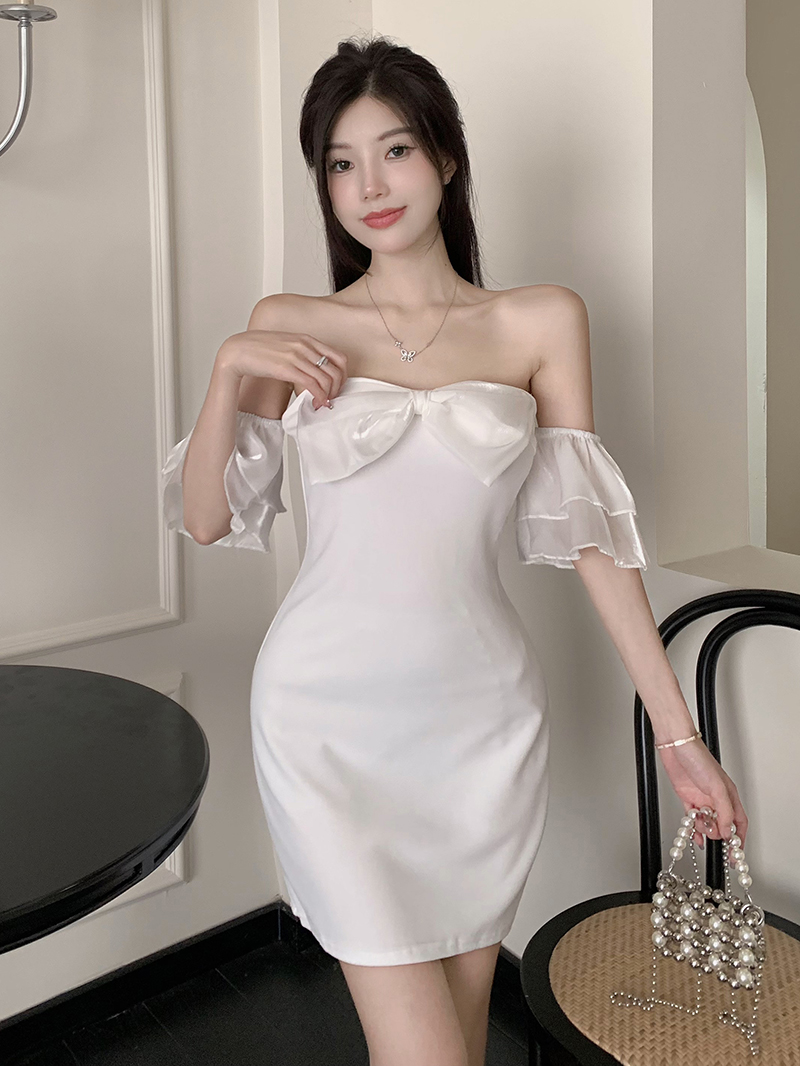 Sexy bow dress package hip flat shoulder formal dress