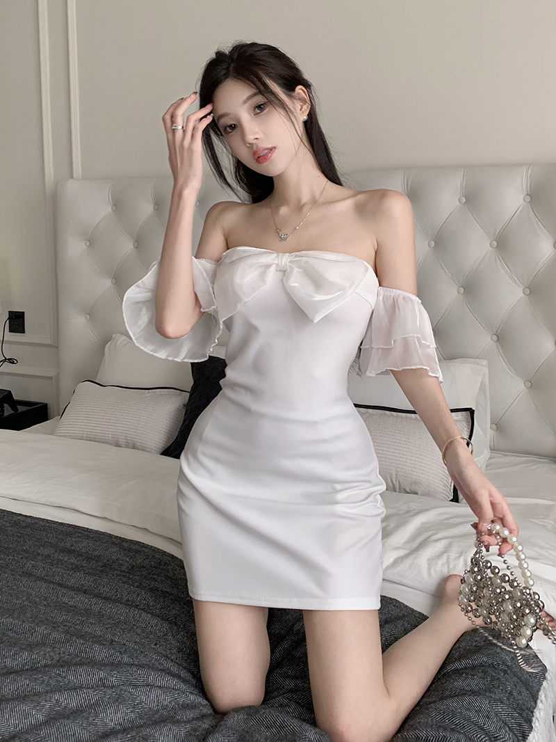 Sexy bow dress package hip flat shoulder formal dress
