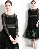 Big skirt flat shoulder collar long dress elastic embroidery dress