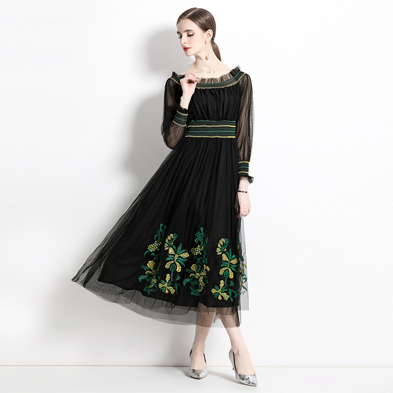 Big skirt flat shoulder collar long dress elastic embroidery dress