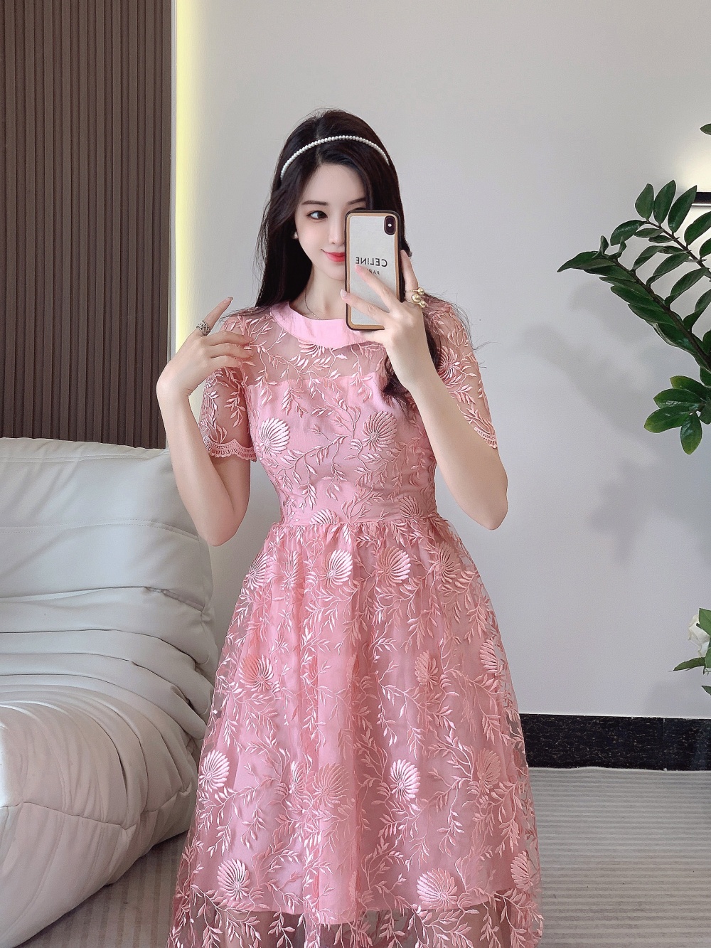 Embroidery gauze long pink dress