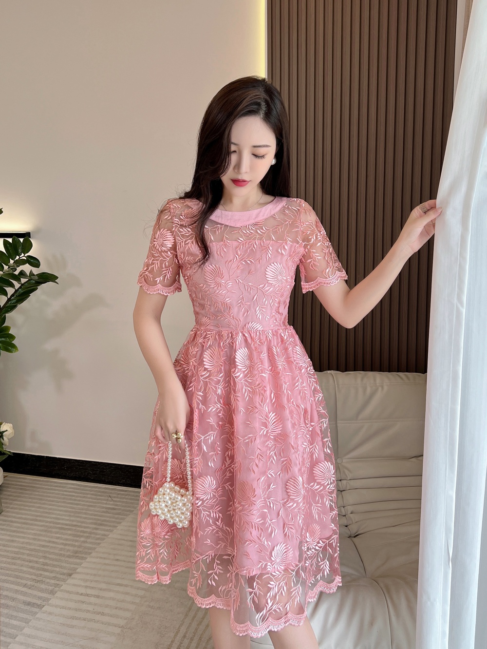 Embroidery gauze long pink dress