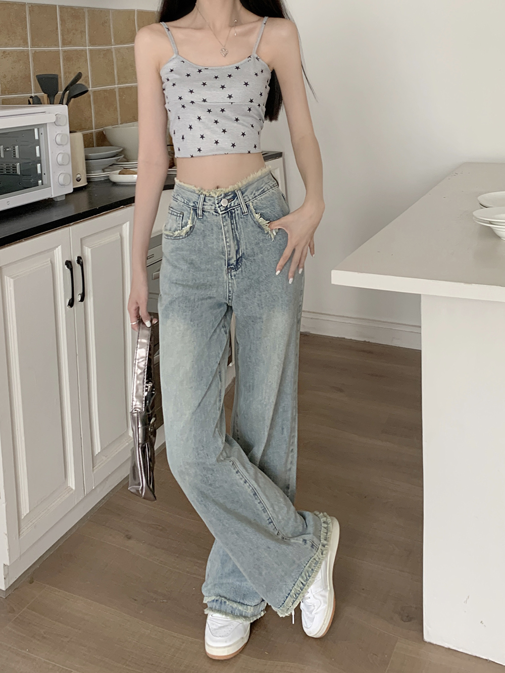 High waist burr pants loose mopping jeans for women