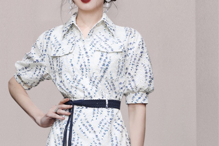 Lantern sleeve fashion summer dress slit embroidery shirt