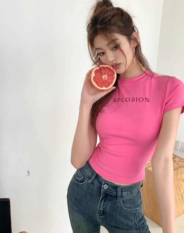 Rose-red T-shirt printing tops for women