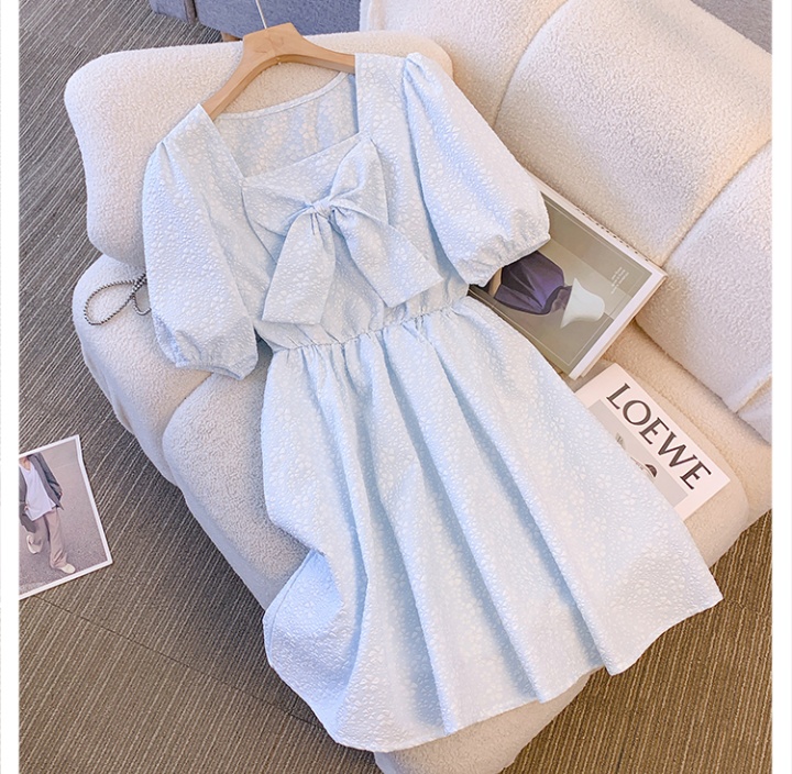 France style bow summer slim pinched waist puff sleeve dress