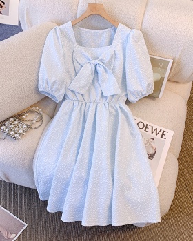 France style bow summer slim pinched waist puff sleeve dress