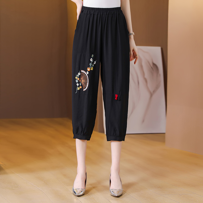 Embroidery harem pants elastic waist bloomers for women