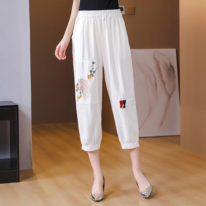 Embroidery harem pants elastic waist bloomers for women