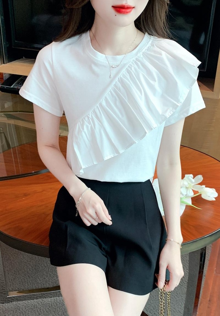 White summer tops lotus leaf edges T-shirt for women